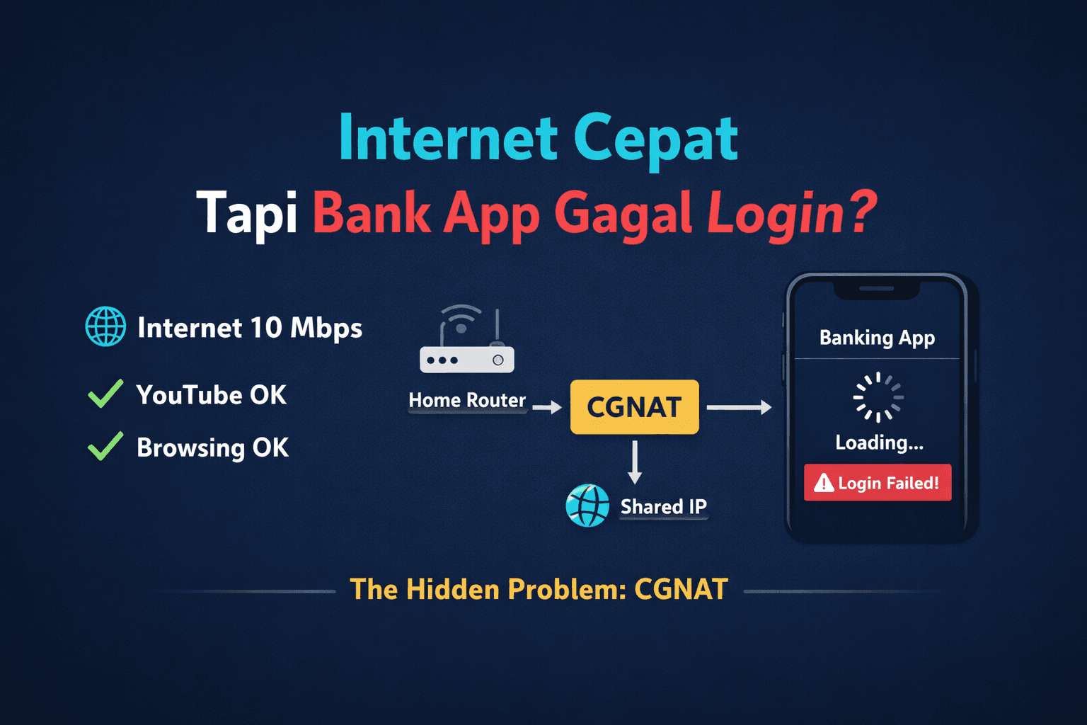 Internet Tidak Lambat — Tapi Aplikasi Bank Tetap Gagal Login. Ternyata Penyebabnya CGNAT.
